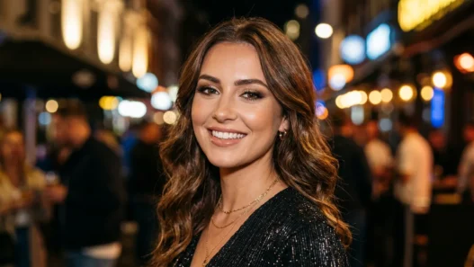 Woman with finished evening glam makeup featuring smoky eyes and nude lips in warm city lighting
