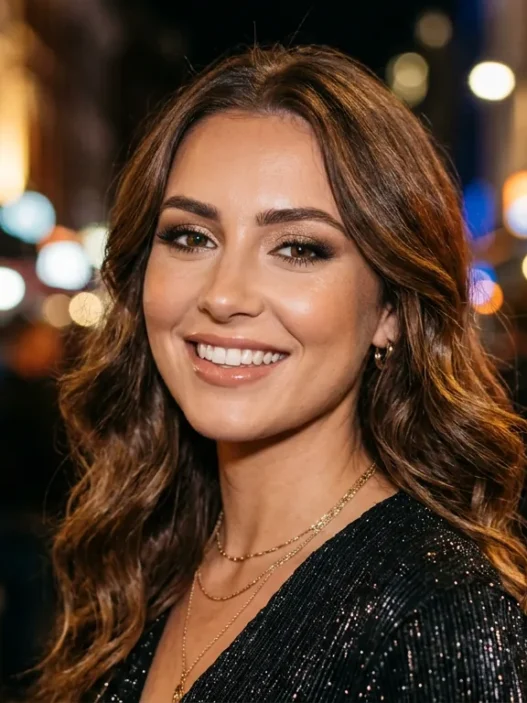 Woman with finished evening glam makeup featuring smoky eyes and nude lips in warm city lighting