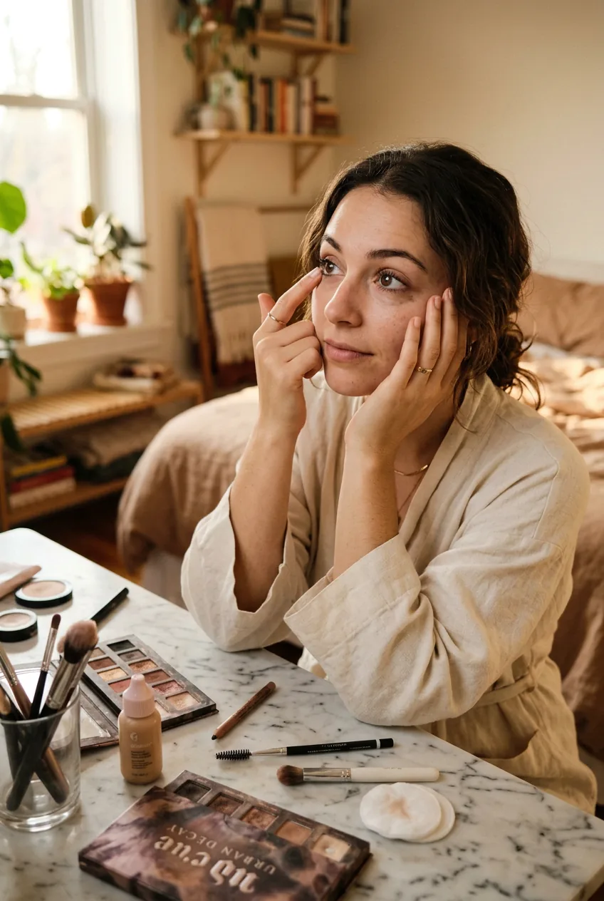 Woman examining her natural eye shape with hands near face in golden morning light