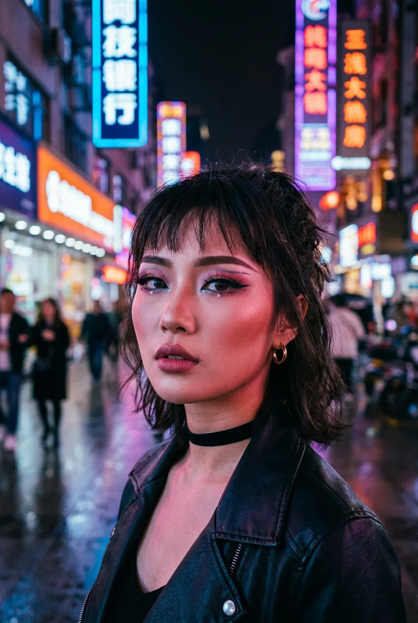 Woman with exaggerated 2020-style Douyin makeup featuring heavy contouring and straight thick eyebrows