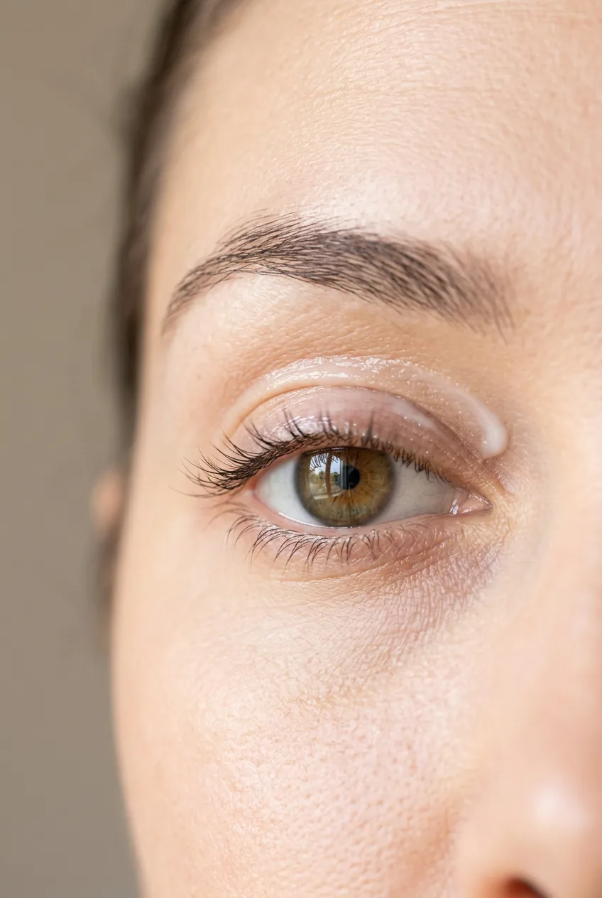 Close-up of eye area showing primer application technique for long-lasting eyeshadow base
