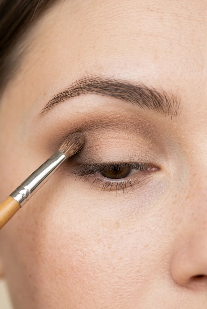 Brown eyeshadow being blended in eye crease with small makeup brush