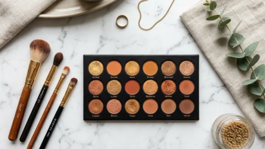 Overhead view of bronze eyeshadow palette with multiple warm shades and various makeup brushes on marble surface