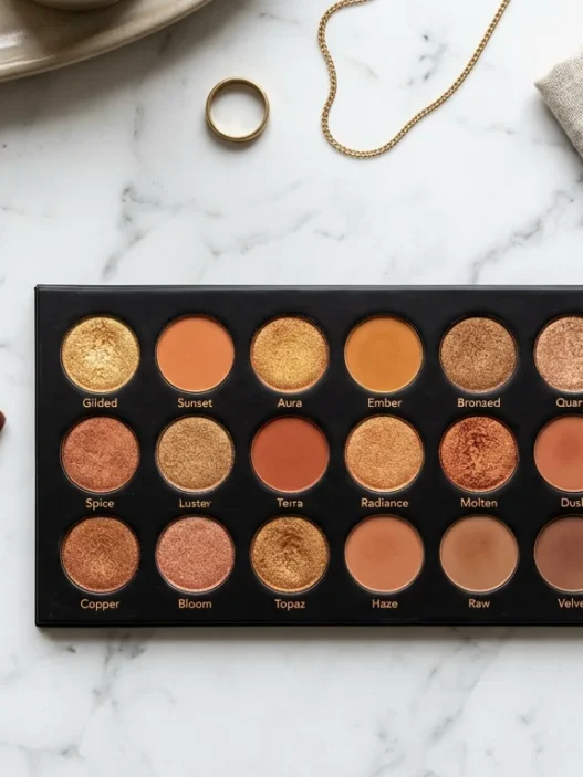 Overhead view of bronze eyeshadow palette with multiple warm shades and various makeup brushes on marble surface