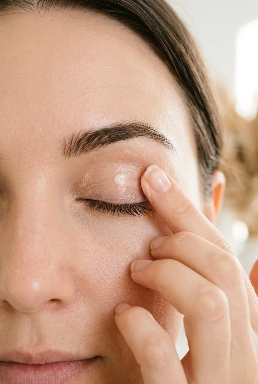 Fingertip patting eyeshadow primer onto clean eyelid creating smooth tacky base for application