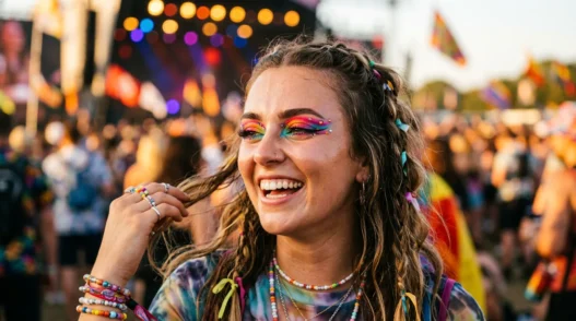 Woman at outdoor festival wearing vibrant bold colorful makeup with warm afternoon lighting