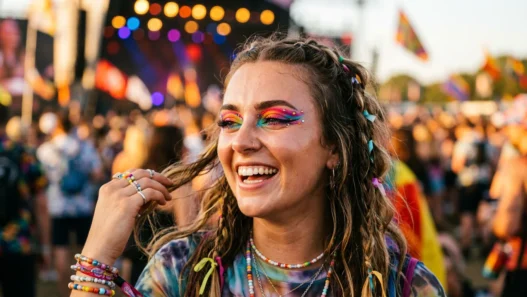 Woman at outdoor festival wearing vibrant bold colorful makeup with warm afternoon lighting