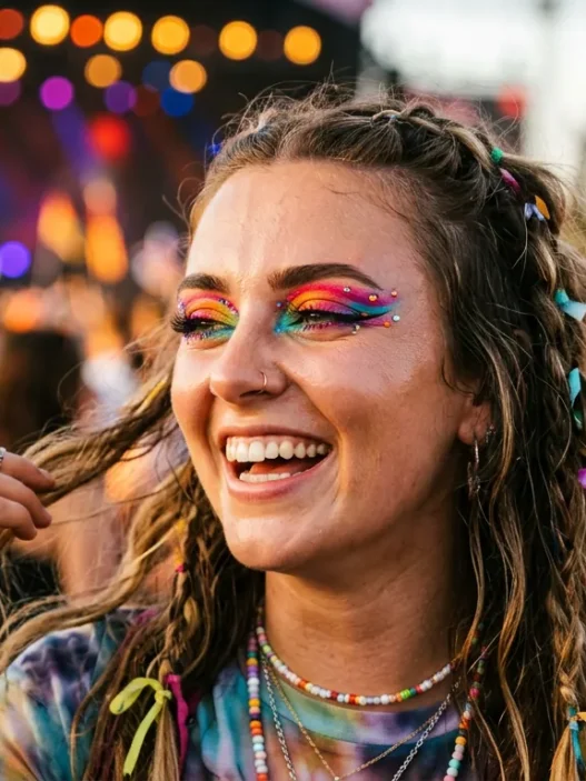 Woman at outdoor festival wearing vibrant bold colorful makeup with warm afternoon lighting