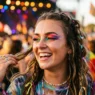 Woman at outdoor festival wearing vibrant bold colorful makeup with warm afternoon lighting