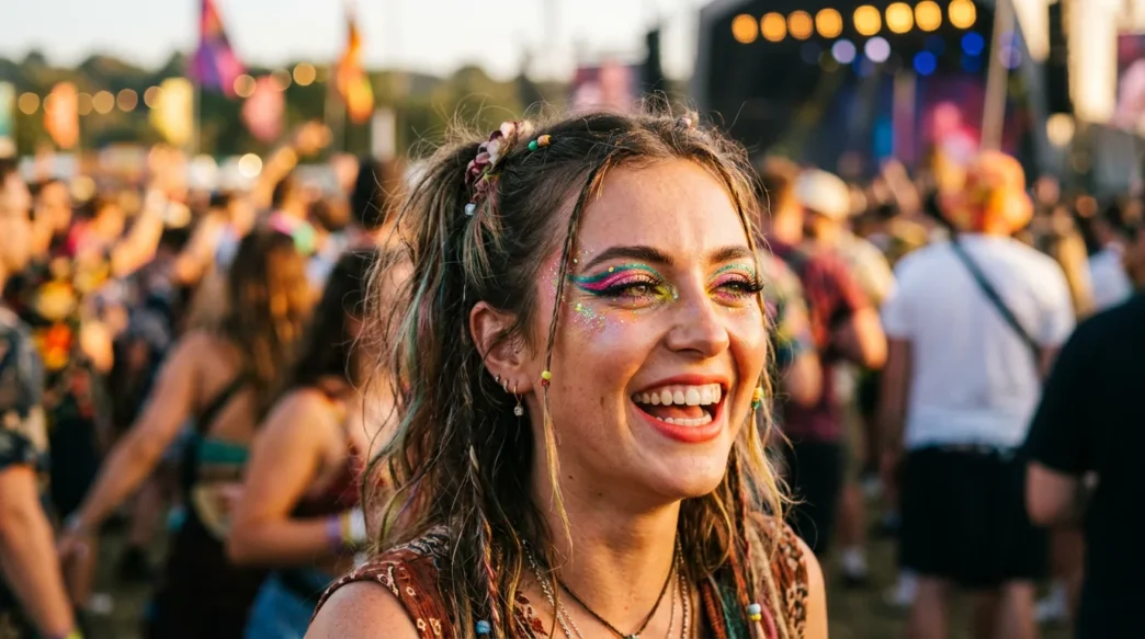 Woman at outdoor festival with bold colorful makeup in warm afternoon light