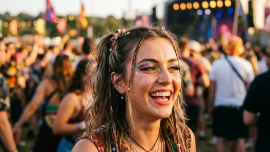 Woman at outdoor festival with bold colorful makeup in warm afternoon light