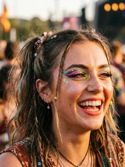 Woman at outdoor festival with bold colorful makeup in warm afternoon light
