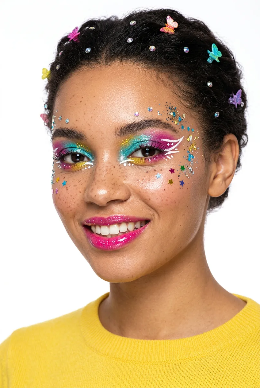 Woman with playful festival makeup featuring bright colors glitter and creative decorative elements