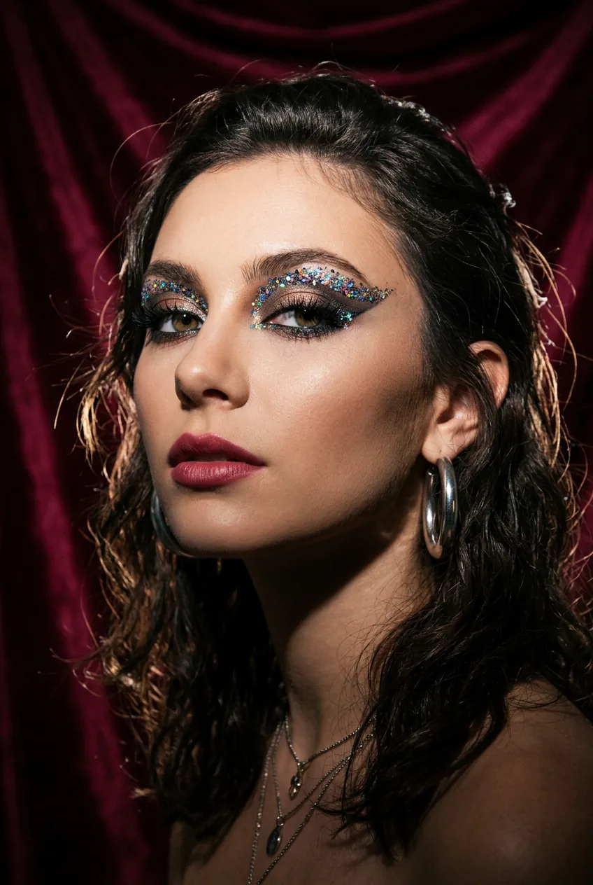 Woman with holographic glitter festival makeup featuring dramatic glittery wing and bronze base