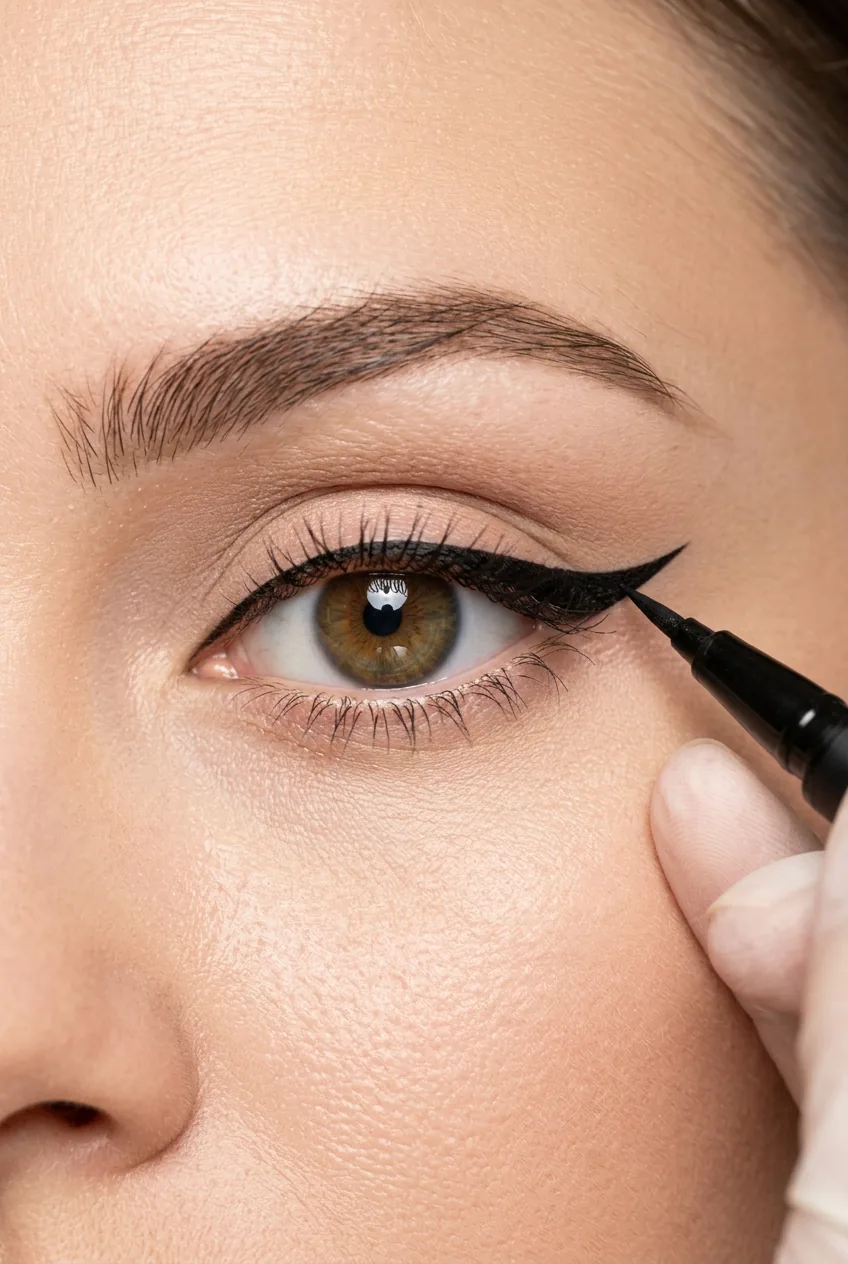 Eye with base line complete and wing area being carefully filled in with liquid liner