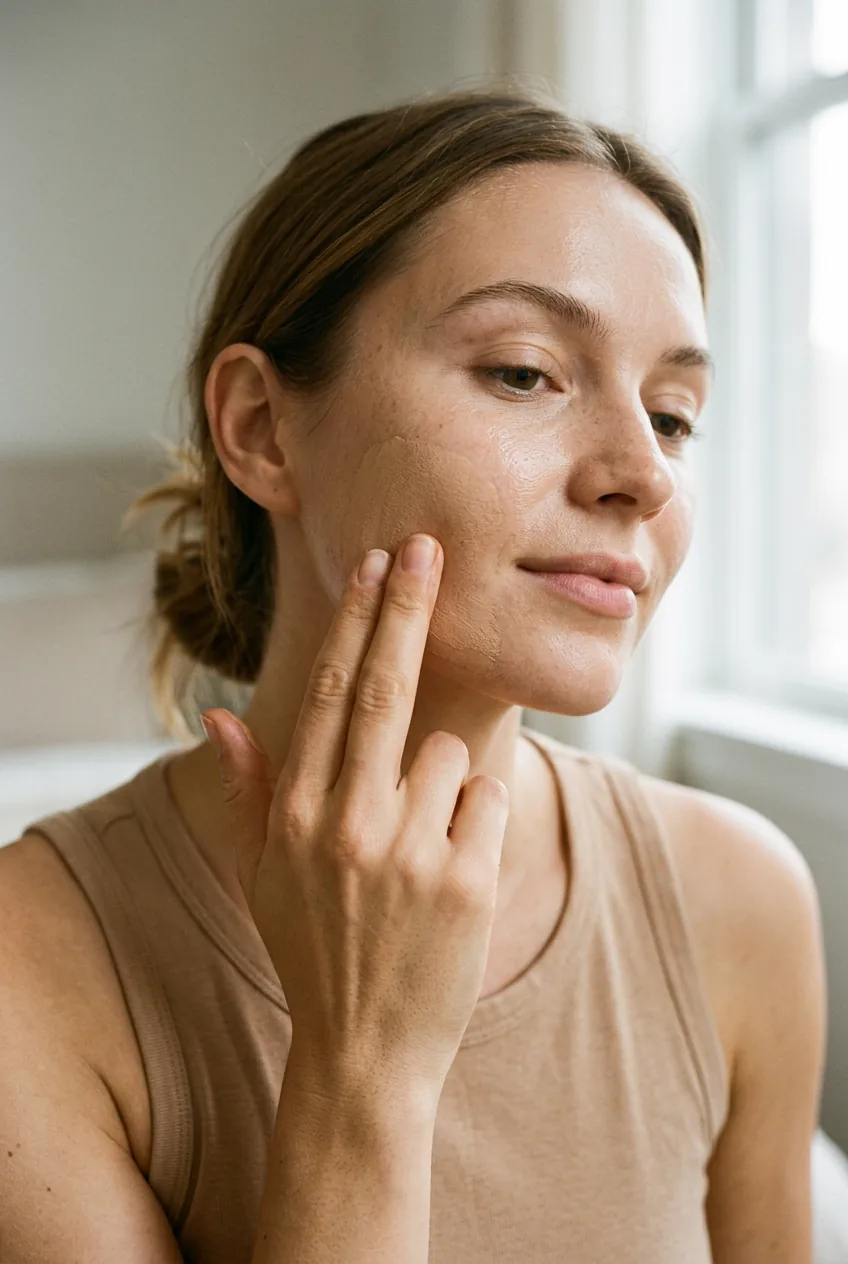 Fingers gently blending and warming makeup on face showing natural skin texture through coverage