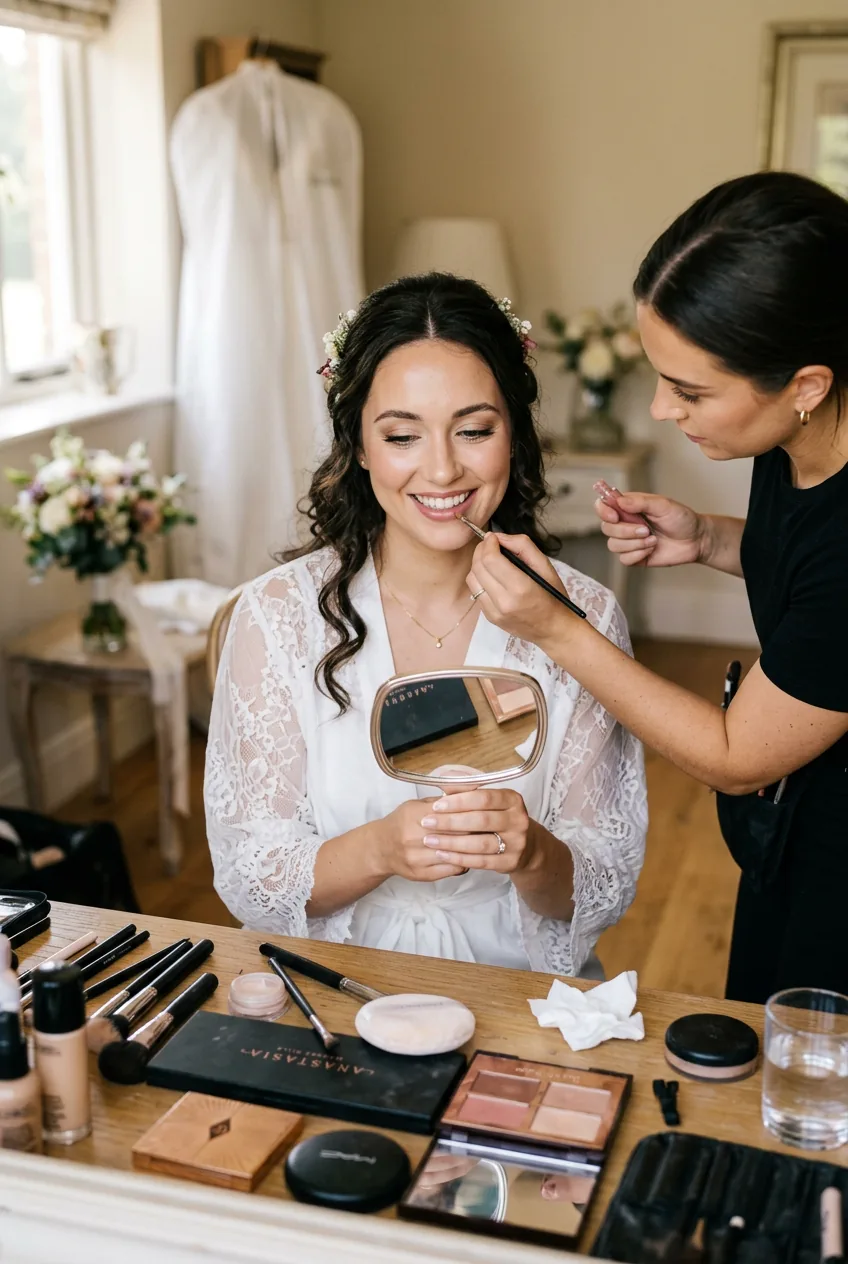 Woman admiring finished natural wedding makeup look with makeup artist adding final touches