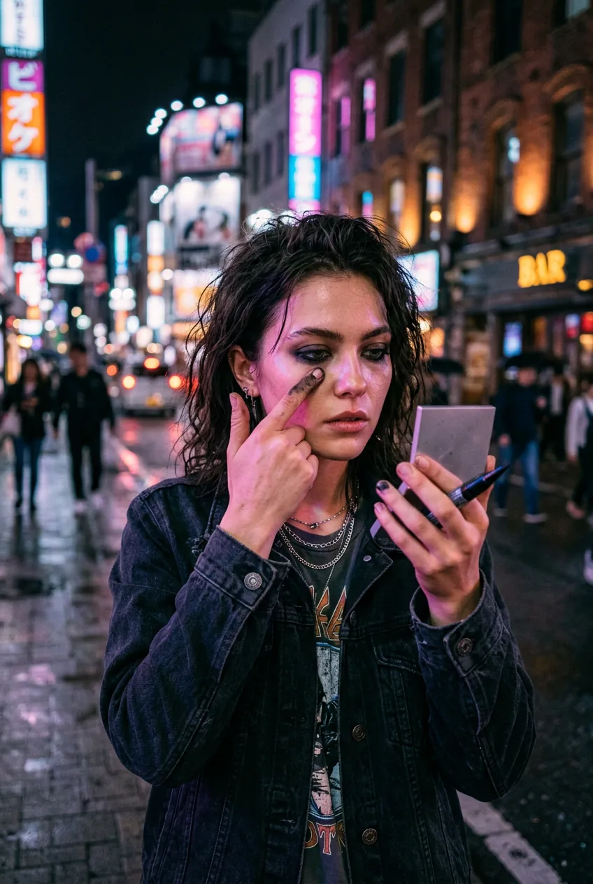 Young woman applying grunge makeup with finger on nighttime city street