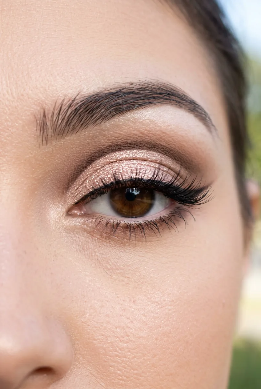 Finished cut crease look with shimmer on lid and matte crease line on open eye