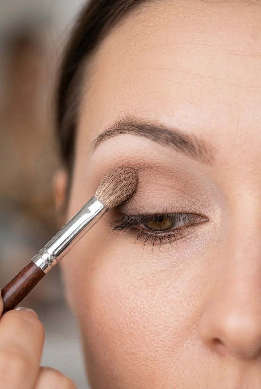 Tight close-up of fluffy blending brush working transition shade into eye crease creating soft gradient
