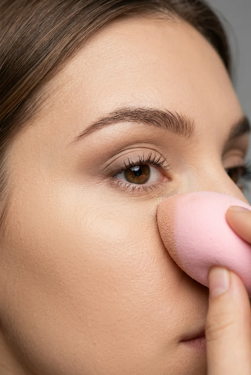 Foundation being blended under eye area with pink beauty blender sponge