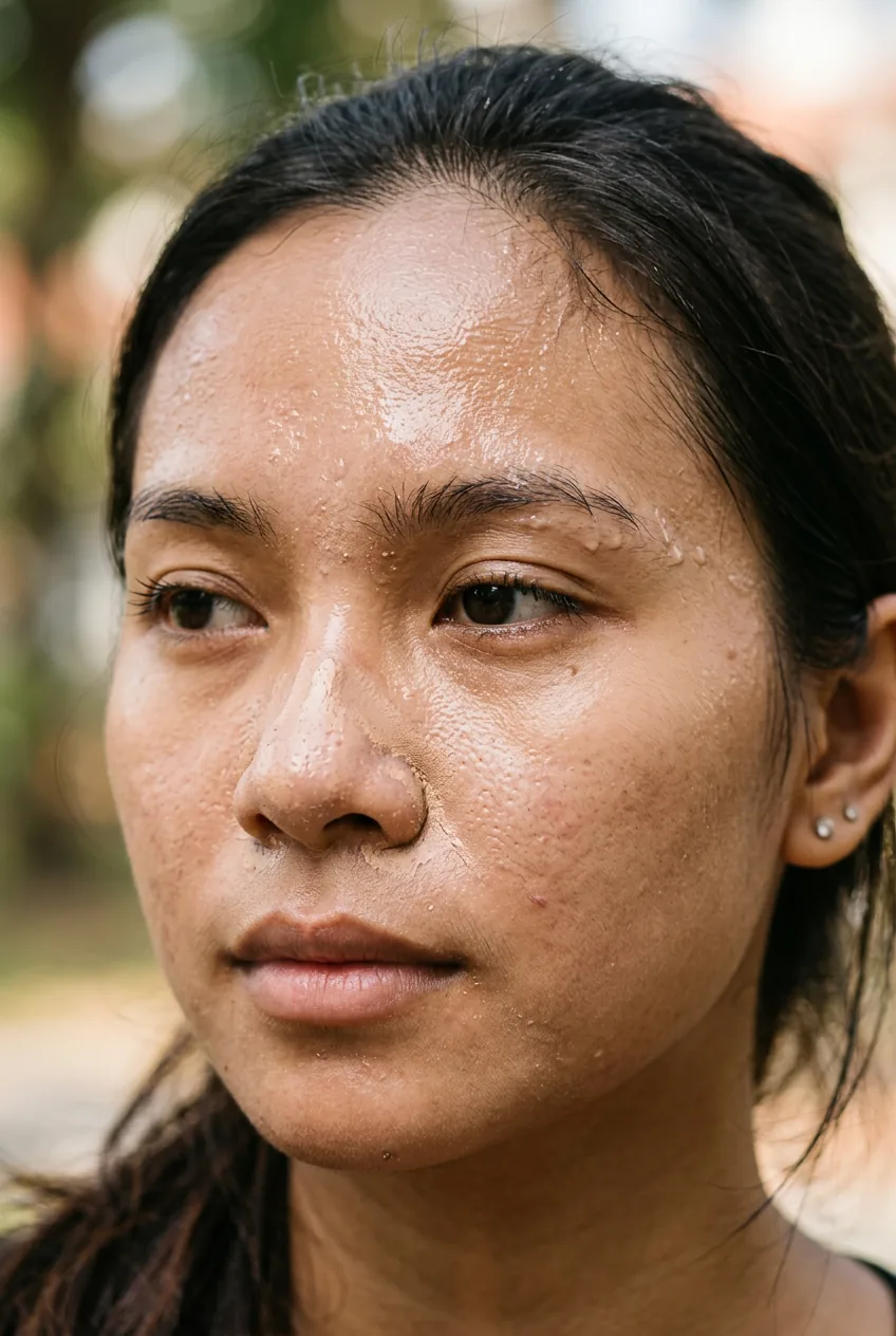 Close-up of skin showing foundation breakdown from heat with visible oil separation in T-zone