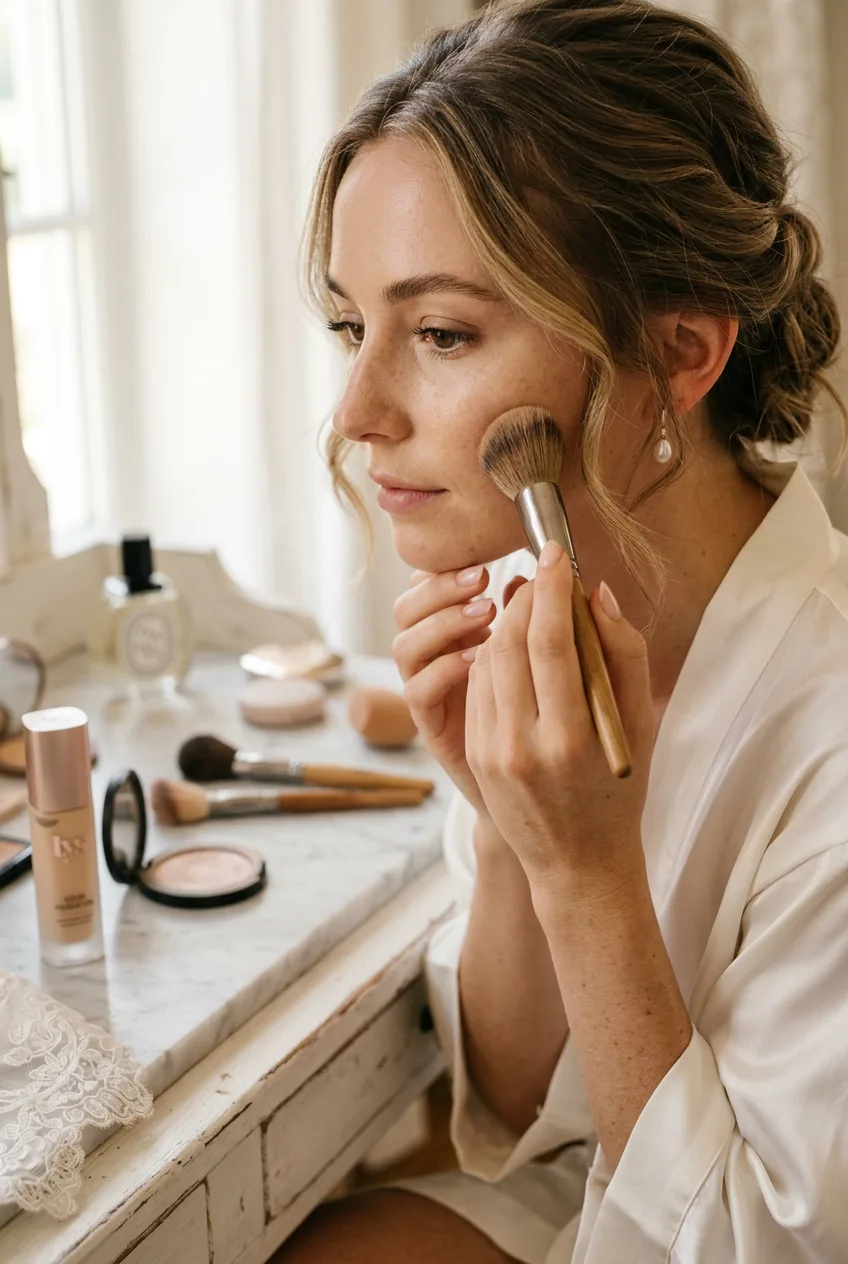 Close-up of hands applying foundation with brush for natural bridal makeup look