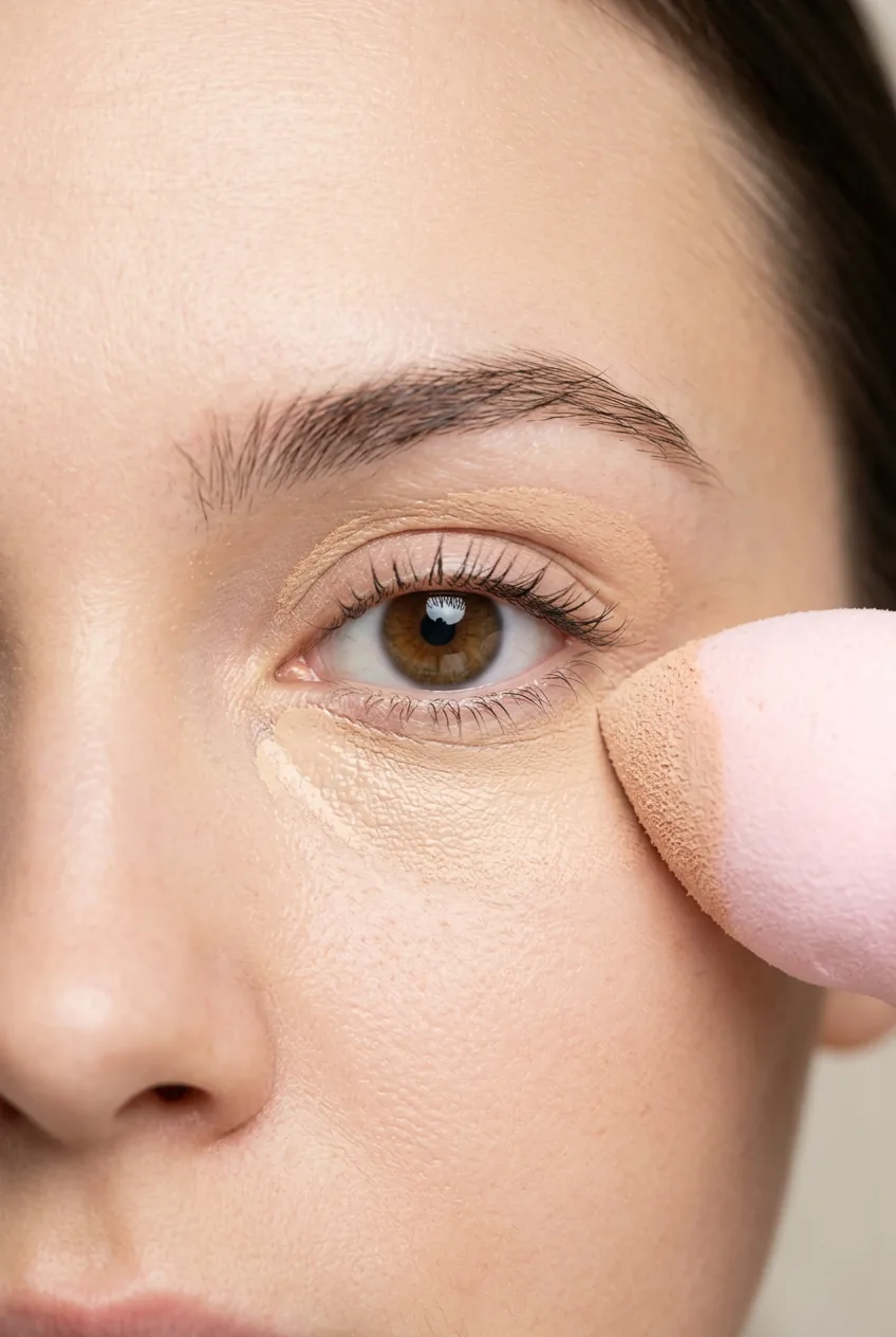 Eye area showing thin foundation layer being applied with damp beauty sponge for buildable coverage