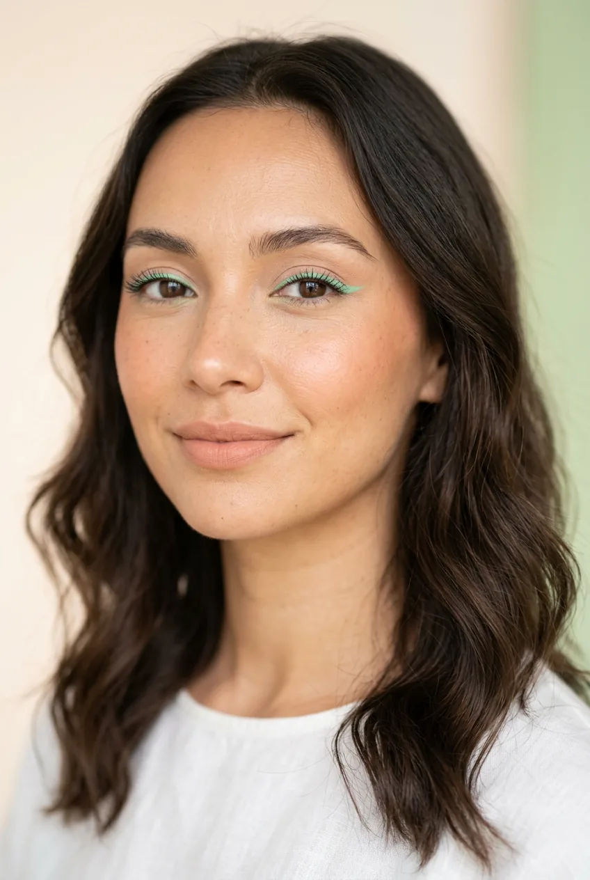 Woman with fresh green accent eyeshadow paired with peachy blush