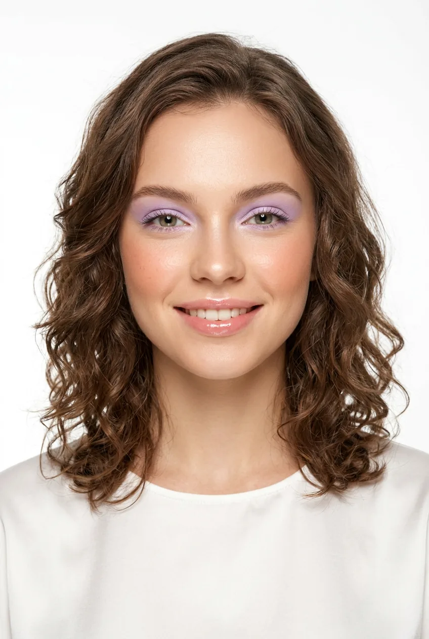 Woman with fresh spring makeup featuring soft pastel lavender eyeshadow and peachy blush