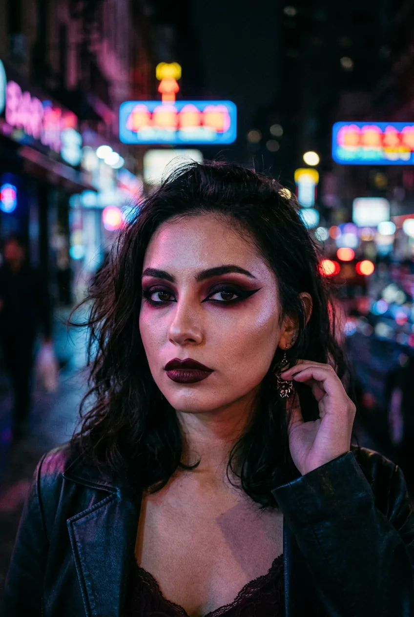 Woman with full drama vampire makeup featuring winged eyeliner and deep burgundy lipstick