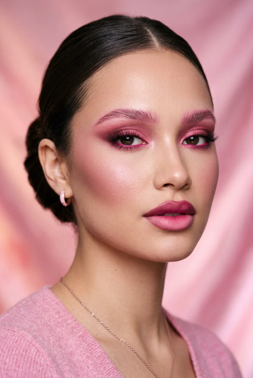 Woman showcasing full monochrome pink makeup with gradient intensities on eyes, cheeks, and lips