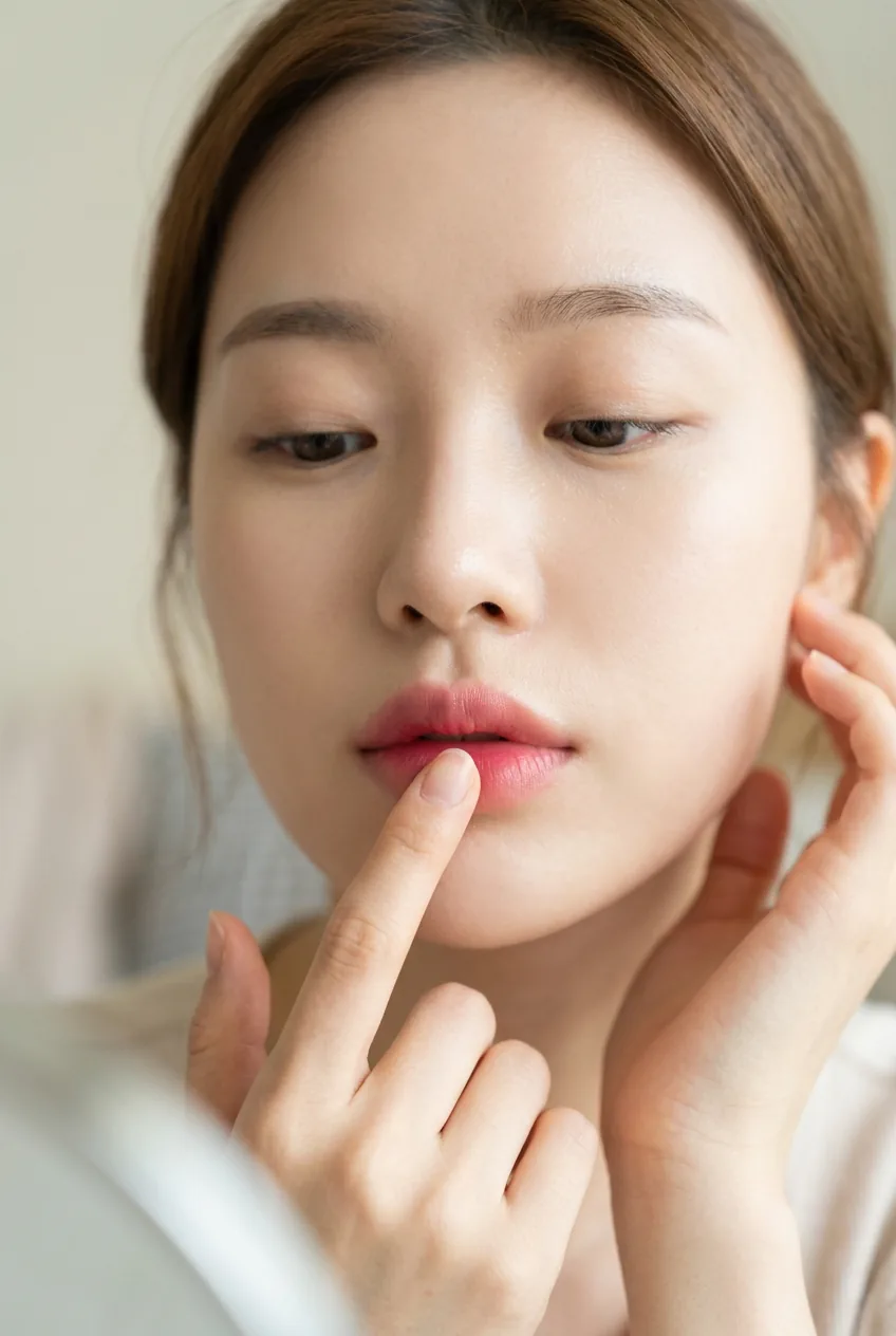 Ring finger gently patting and blending lip colors from center outward for smooth transition