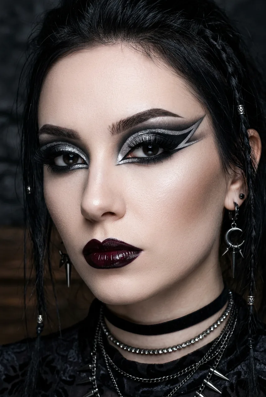 Woman displaying sharp cut crease technique with black and silver eyeshadow for witch look