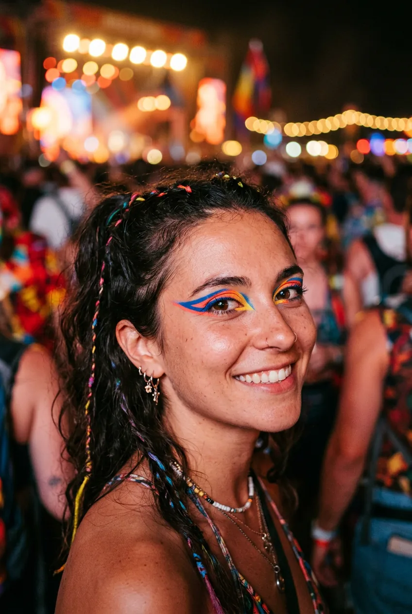Woman with geometric graphic eyeliner in bright colors at outdoor festival setting
