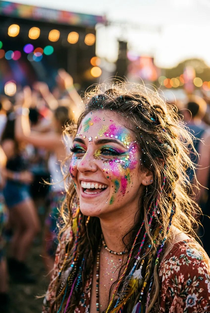 Woman wearing playful glittery fairy halloween makeup with rainbow colors and intentionally messy application