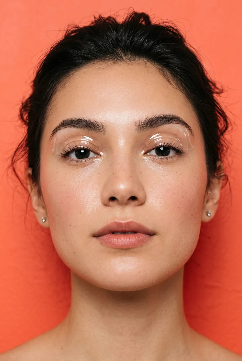 Woman with glossy clear finish on eyelids creating editorial wet vinyl effect