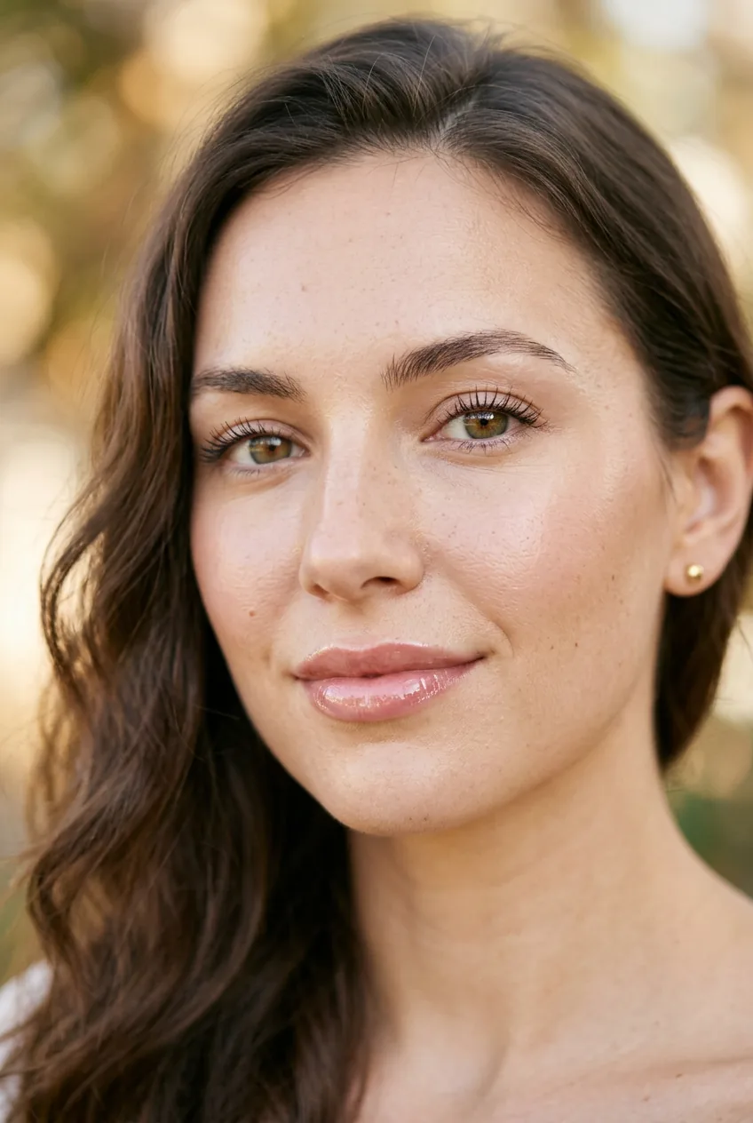 Woman with glossy nude lips and minimal eye makeup featuring clear mascara
