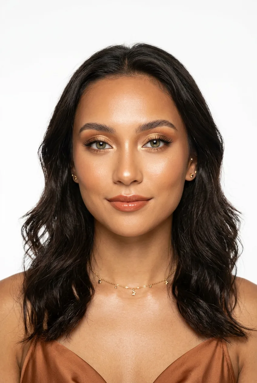 Woman showcasing golden hour goddess makeup with warm bronze tones and strategic highlighting