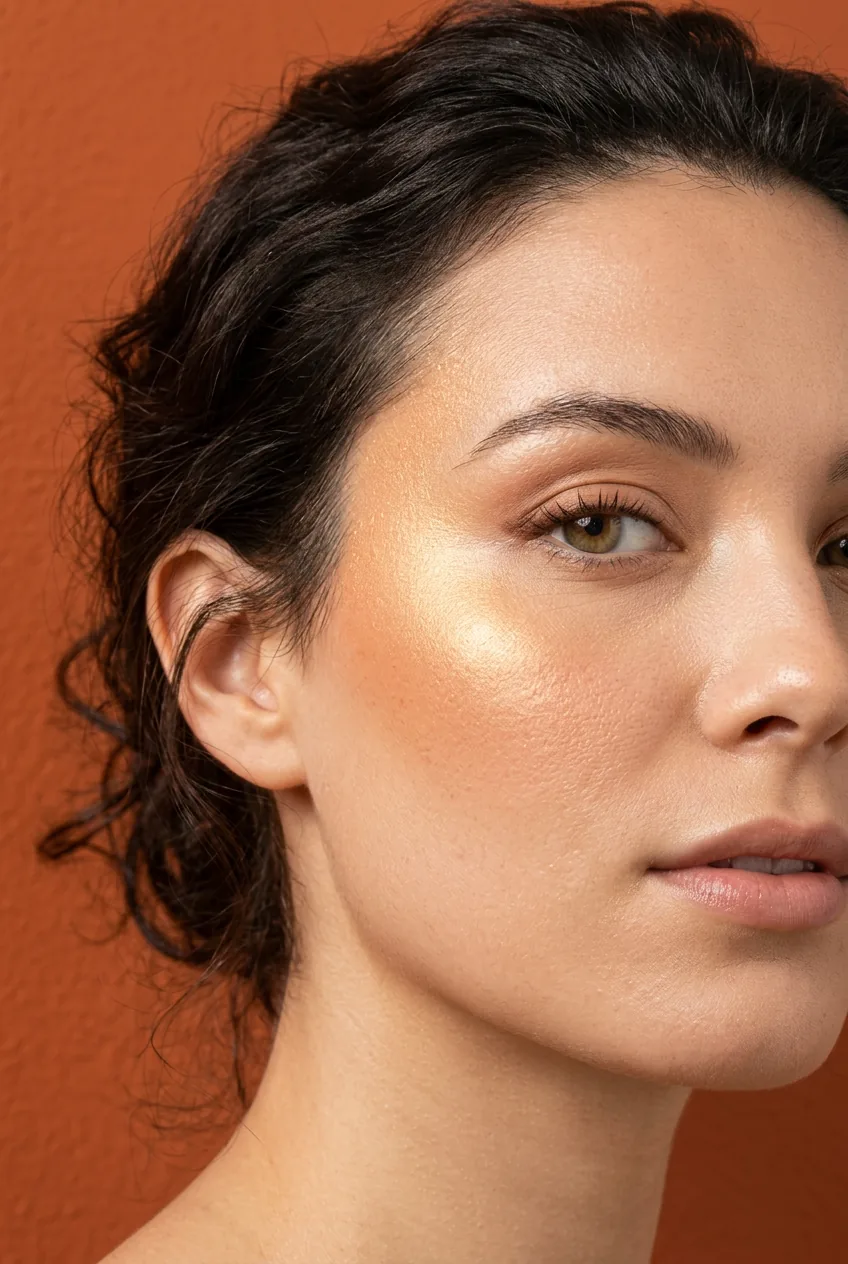 Woman with golden highlighter creating warm luminous glow on cheekbones and temples