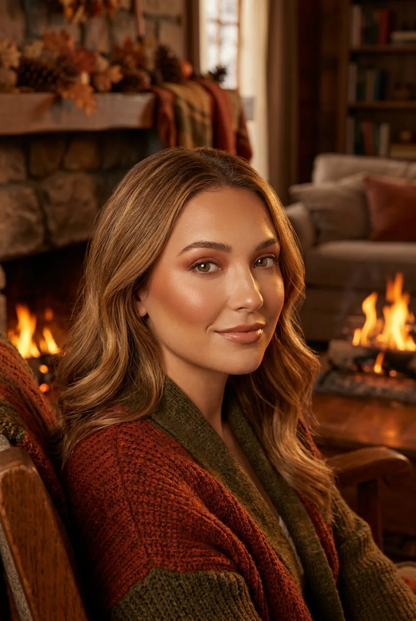 Portrait showing toasty makeup with peachy-brown blush and golden undertones