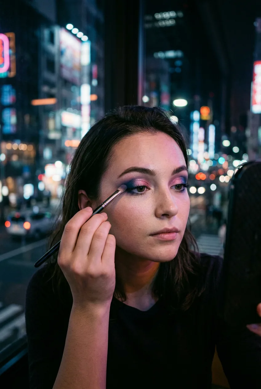 Woman demonstrating gradient eyeshadow application technique with professional makeup brushes