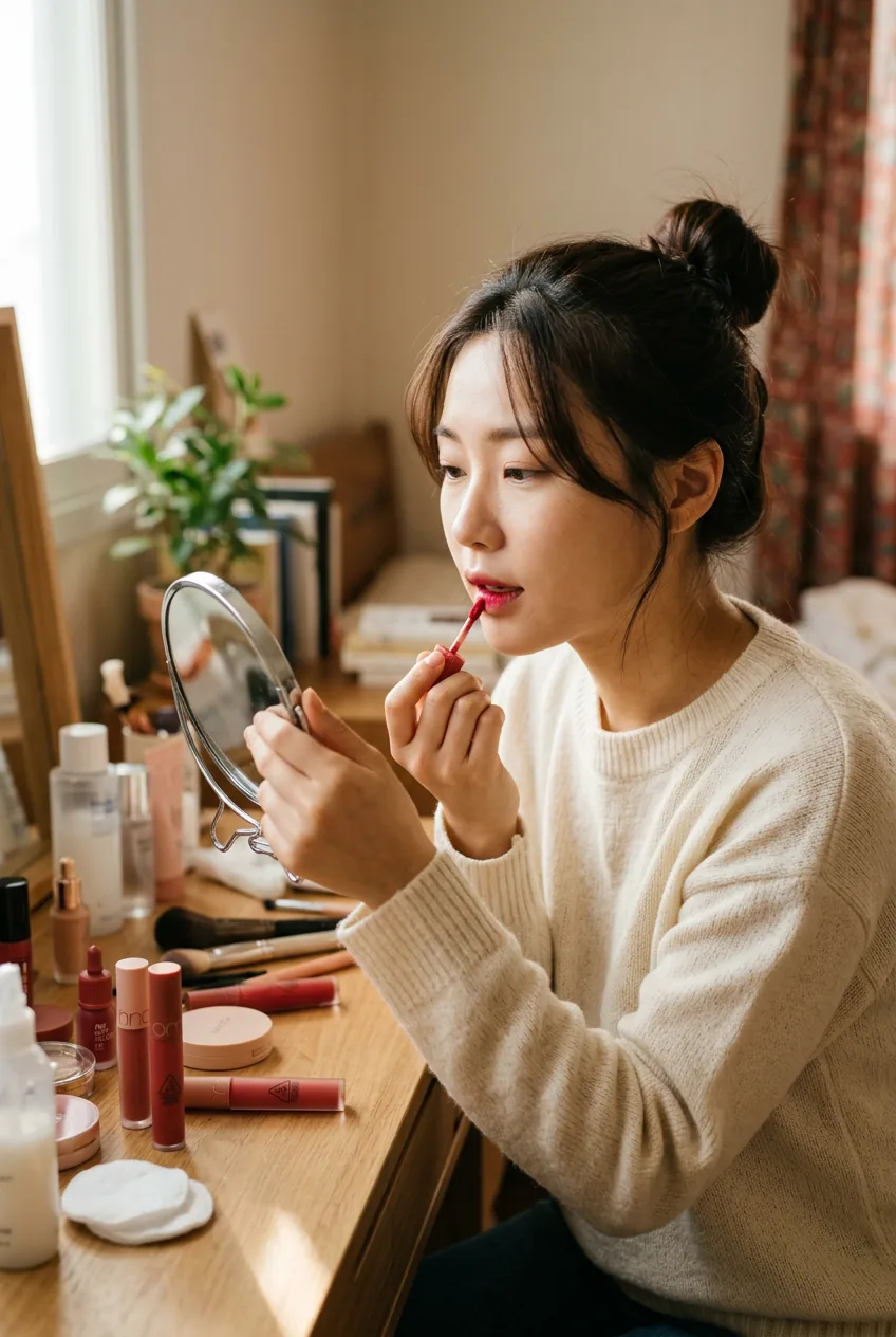 Woman demonstrating Korean gradient lip technique with lip tint in soft natural lighting
