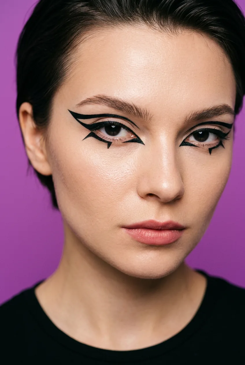 Woman wearing sharp geometric black eyeliner in architectural shapes on upper lids