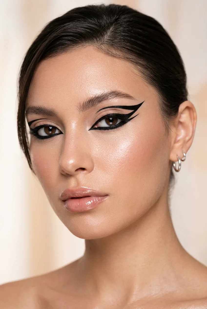 Woman with dramatic graphic cat eye liner extending beyond outer eye corner