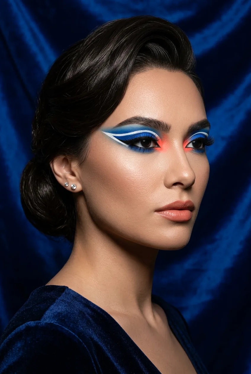 Woman with electric blue eyeshadow and white geometric liner creating sharp color-block effect