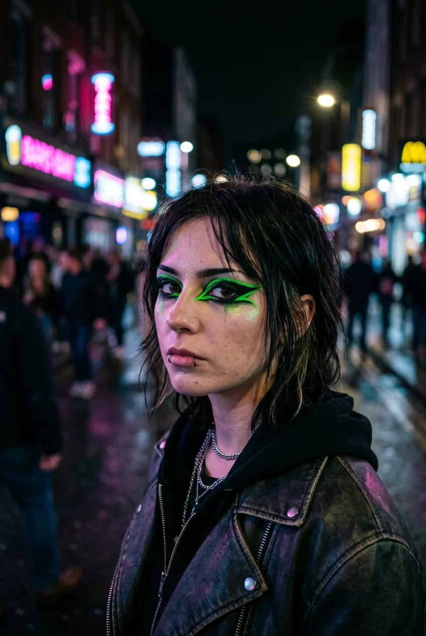 Woman wearing creative graphic green eyeliner in alternative emo makeup style