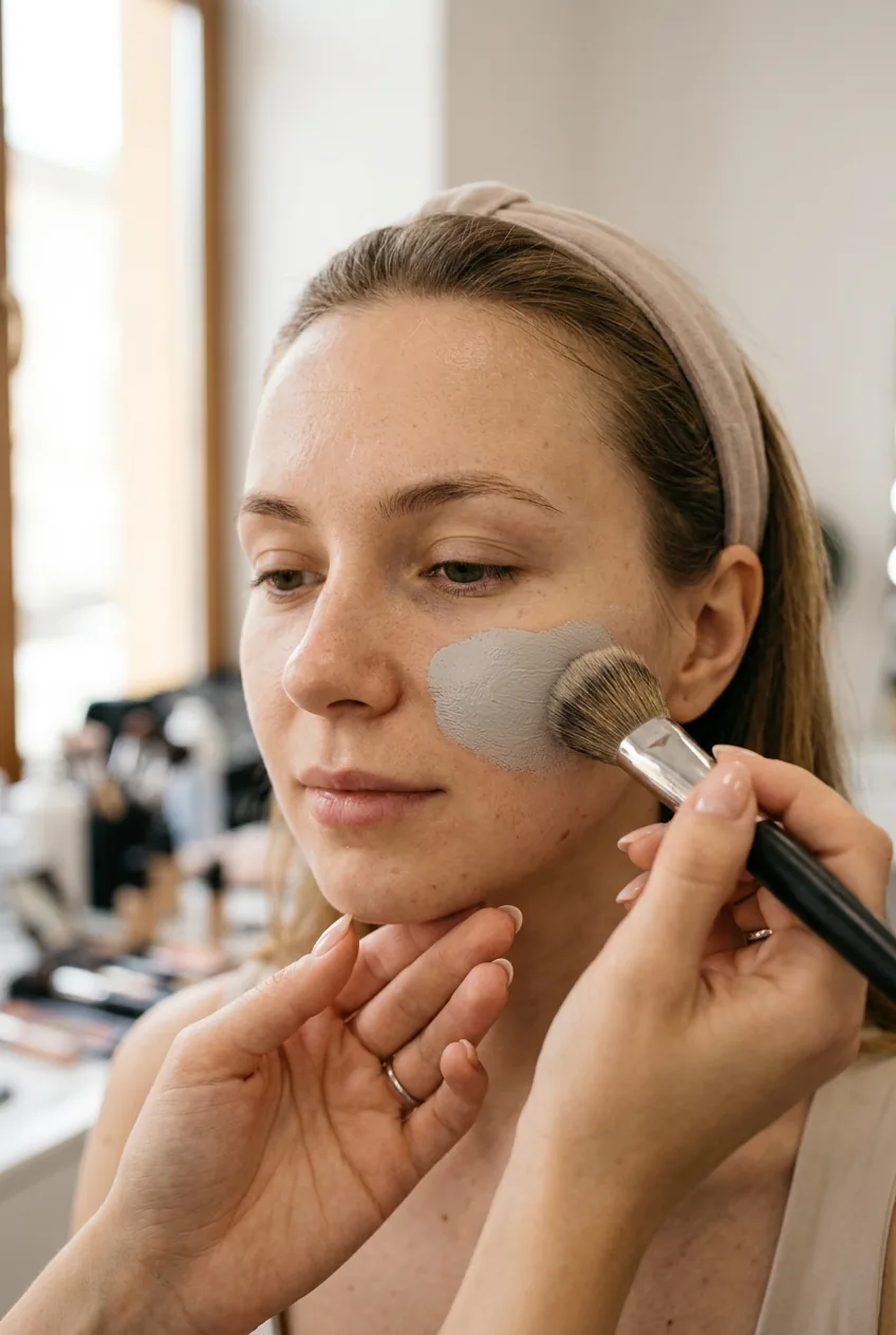Hands applying gray-toned matte primer to woman's face with professional makeup brush