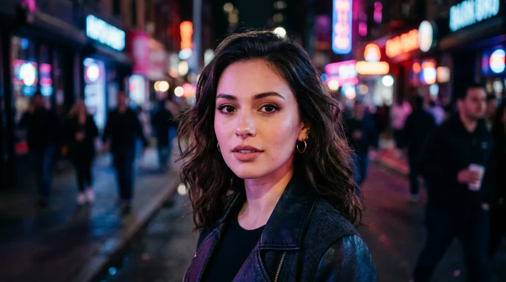 Woman with grunge makeup featuring neon street lighting and moody urban atmosphere