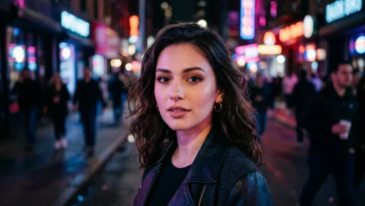 Woman with grunge makeup featuring neon street lighting and moody urban atmosphere
